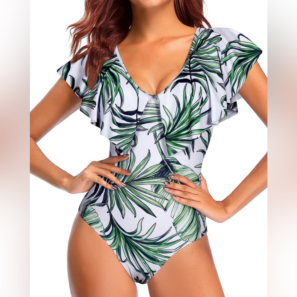 NWT Women Ruffle One Piece Swimsuit Flounce Sleeve V
